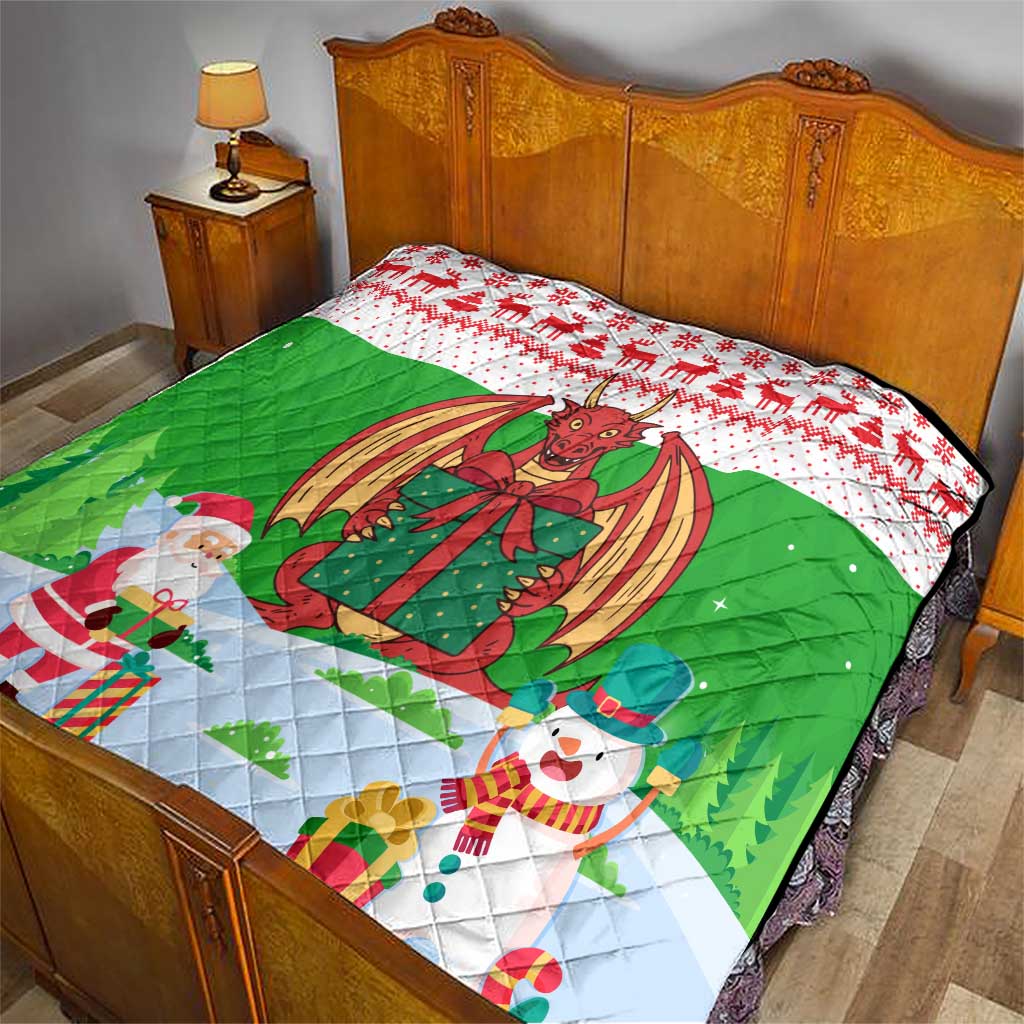 Wales Christmas Quilt with Red Dragon Gift and Holiday Crest Snow Scene - Wonder Print Shop