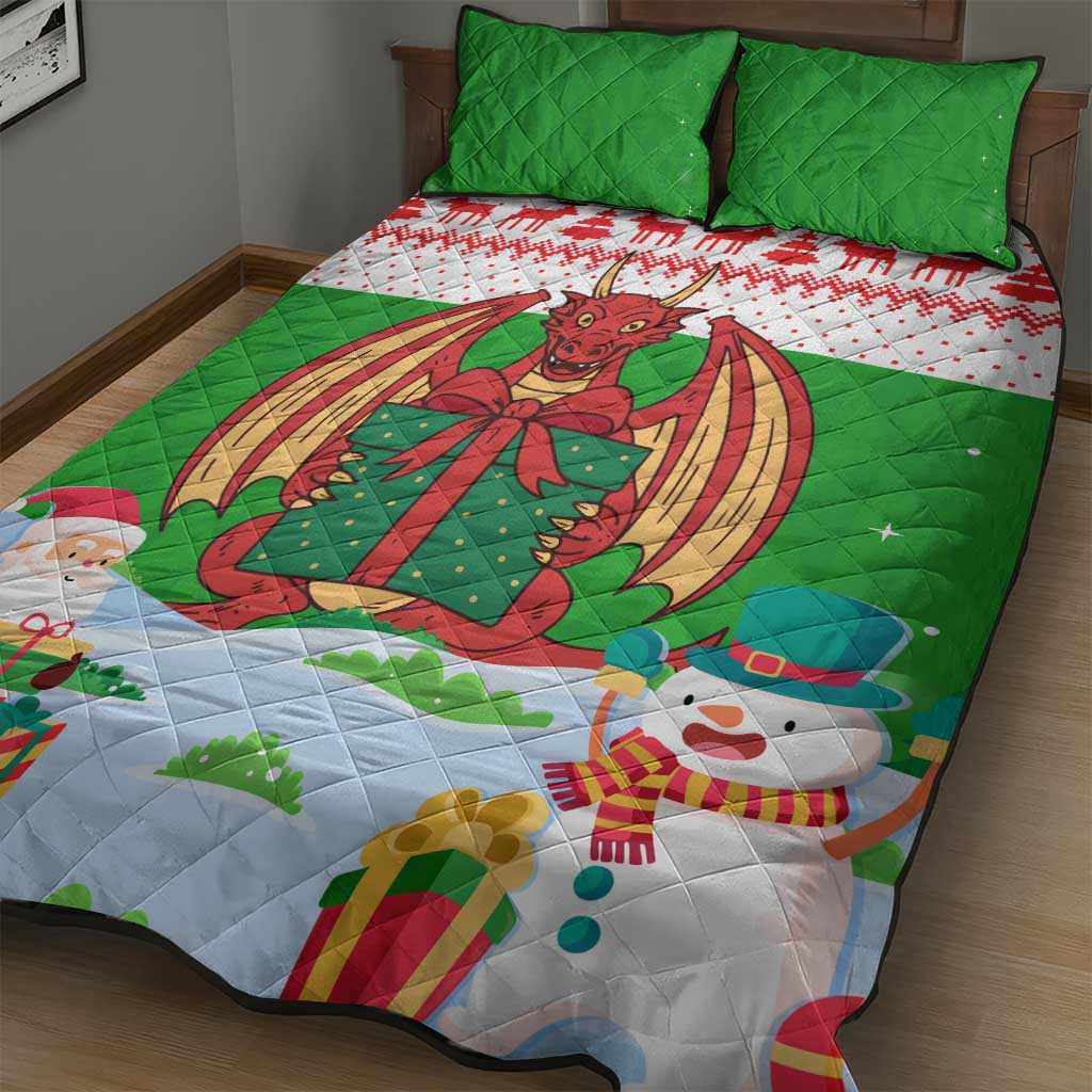 Wales Christmas Quilt Bed Set with Red Dragon Gift and Holiday Crest Snow Scene - Wonder Print Shop