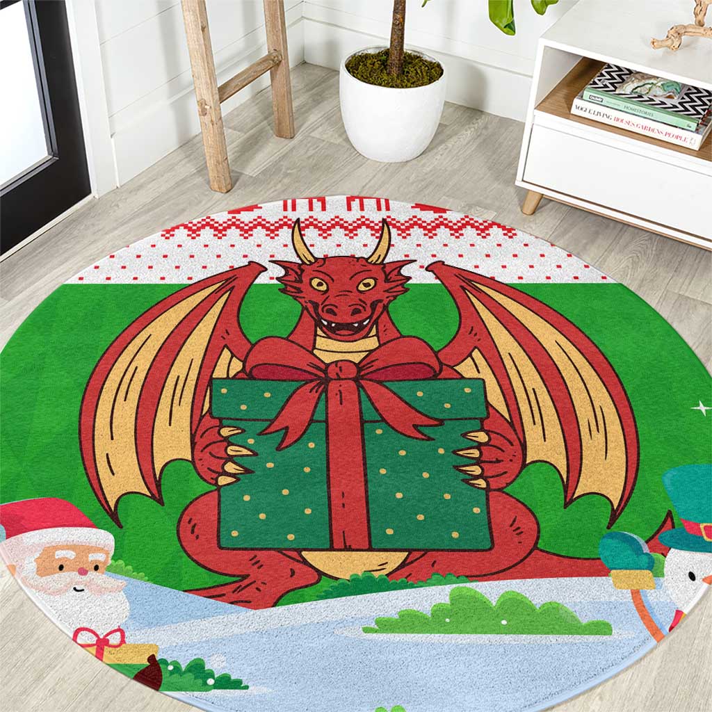 Wales Christmas Round Carpet with Red Dragon Gift and Holiday Crest Snow Scene - Wonder Print Shop