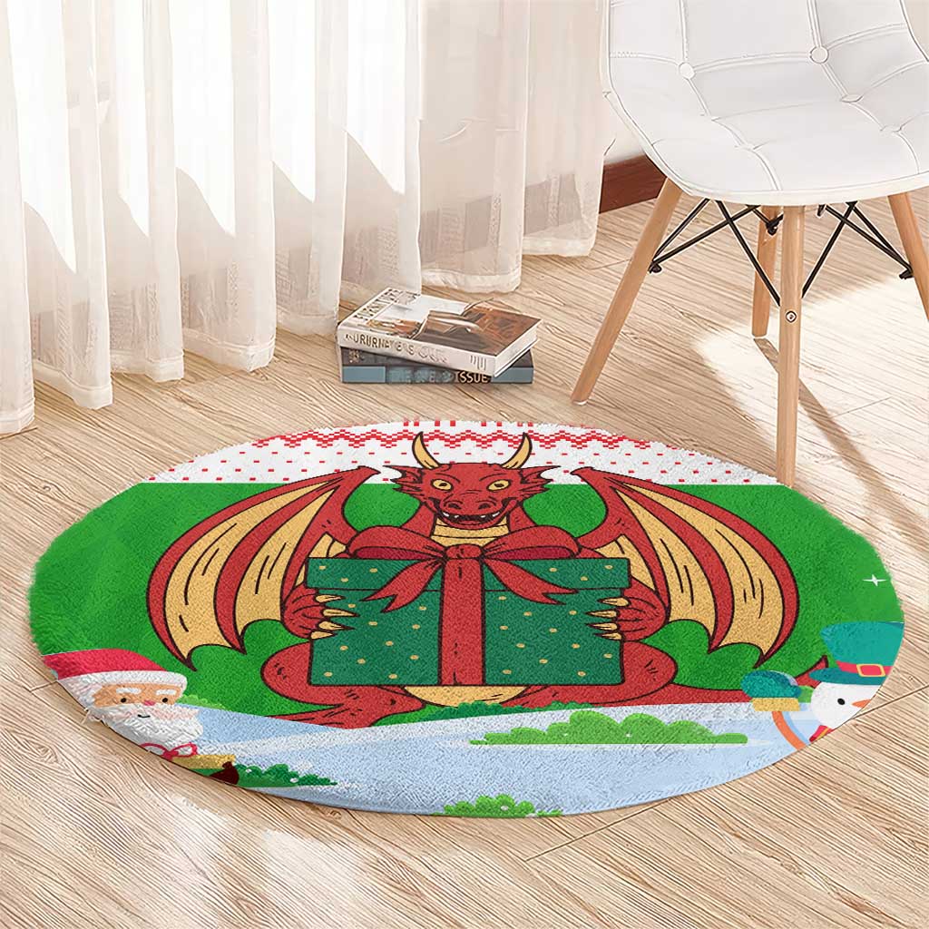 Wales Christmas Round Carpet with Red Dragon Gift and Holiday Crest Snow Scene - Wonder Print Shop