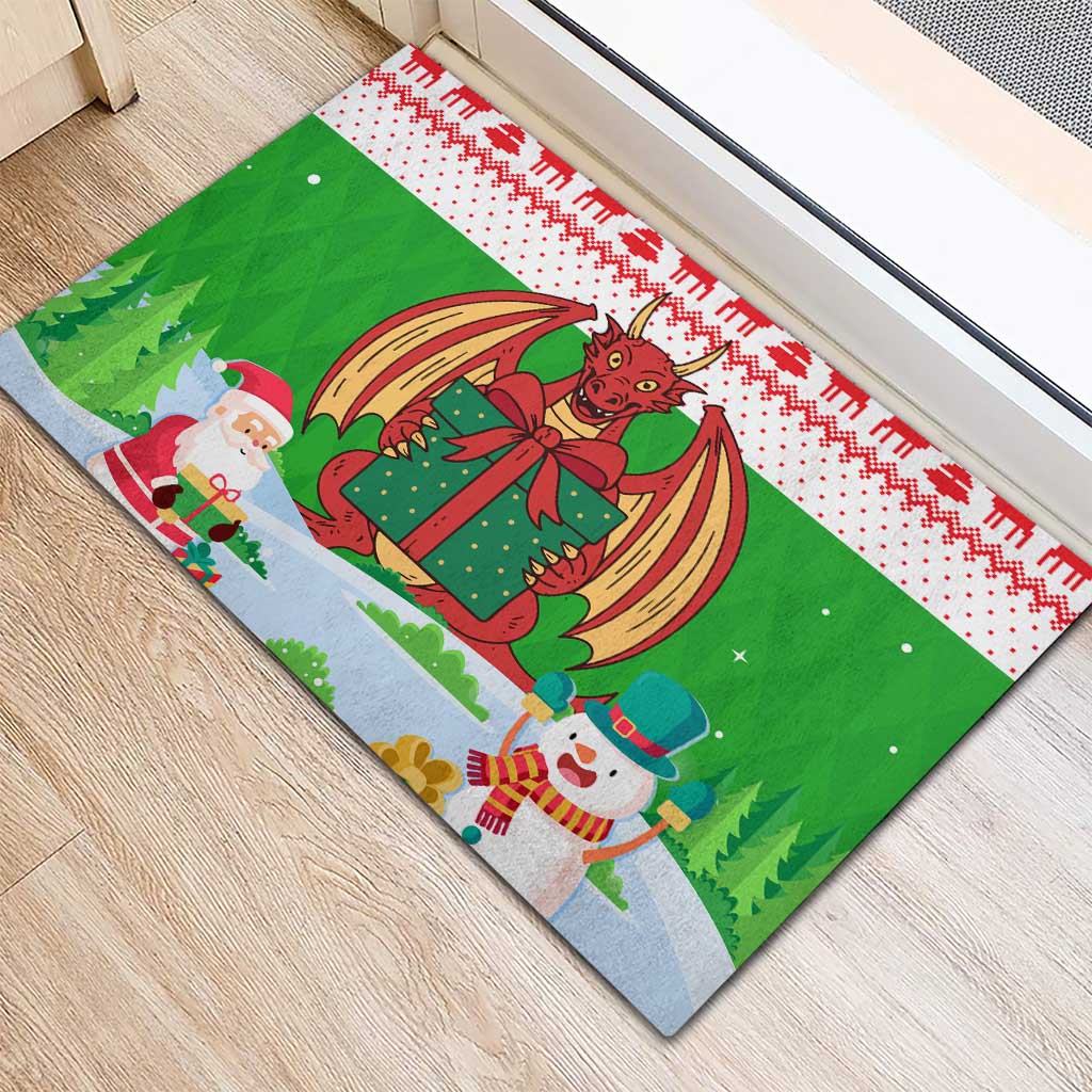Wales Christmas Rubber Doormat with Red Dragon Gift and Holiday Crest Snow Scene - Wonder Print Shop
