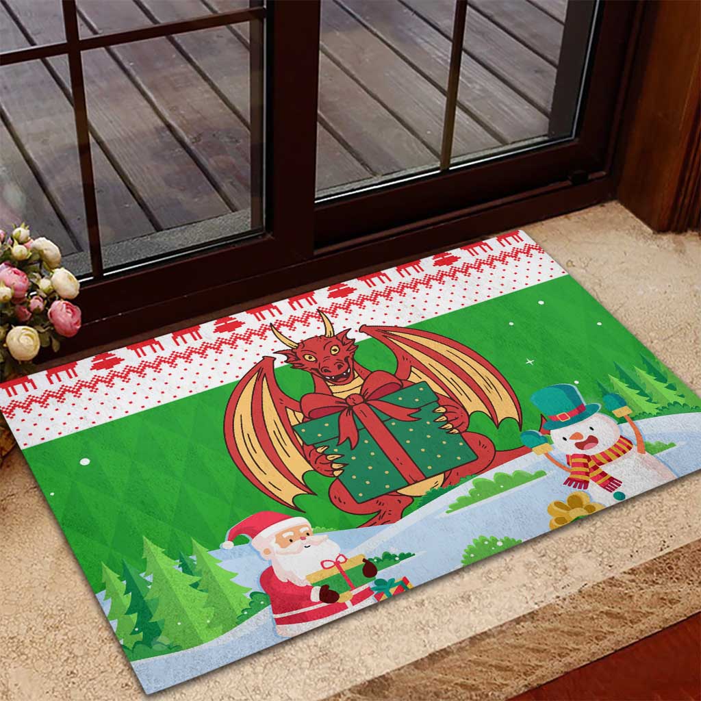 Wales Christmas Rubber Doormat with Red Dragon Gift and Holiday Crest Snow Scene - Wonder Print Shop
