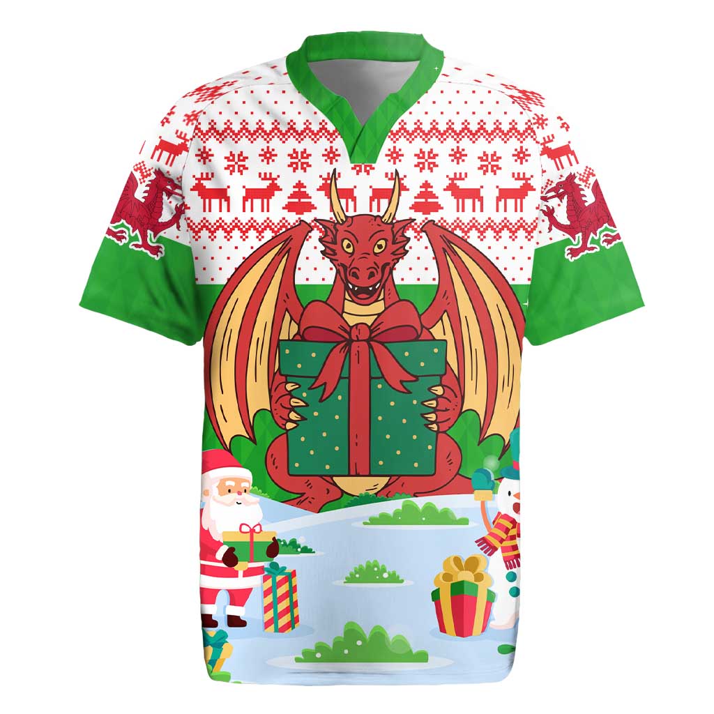 Wales Christmas Rugby Jersey with Red Dragon Gift and Holiday Crest Snow Scene - Wonder Print Shop