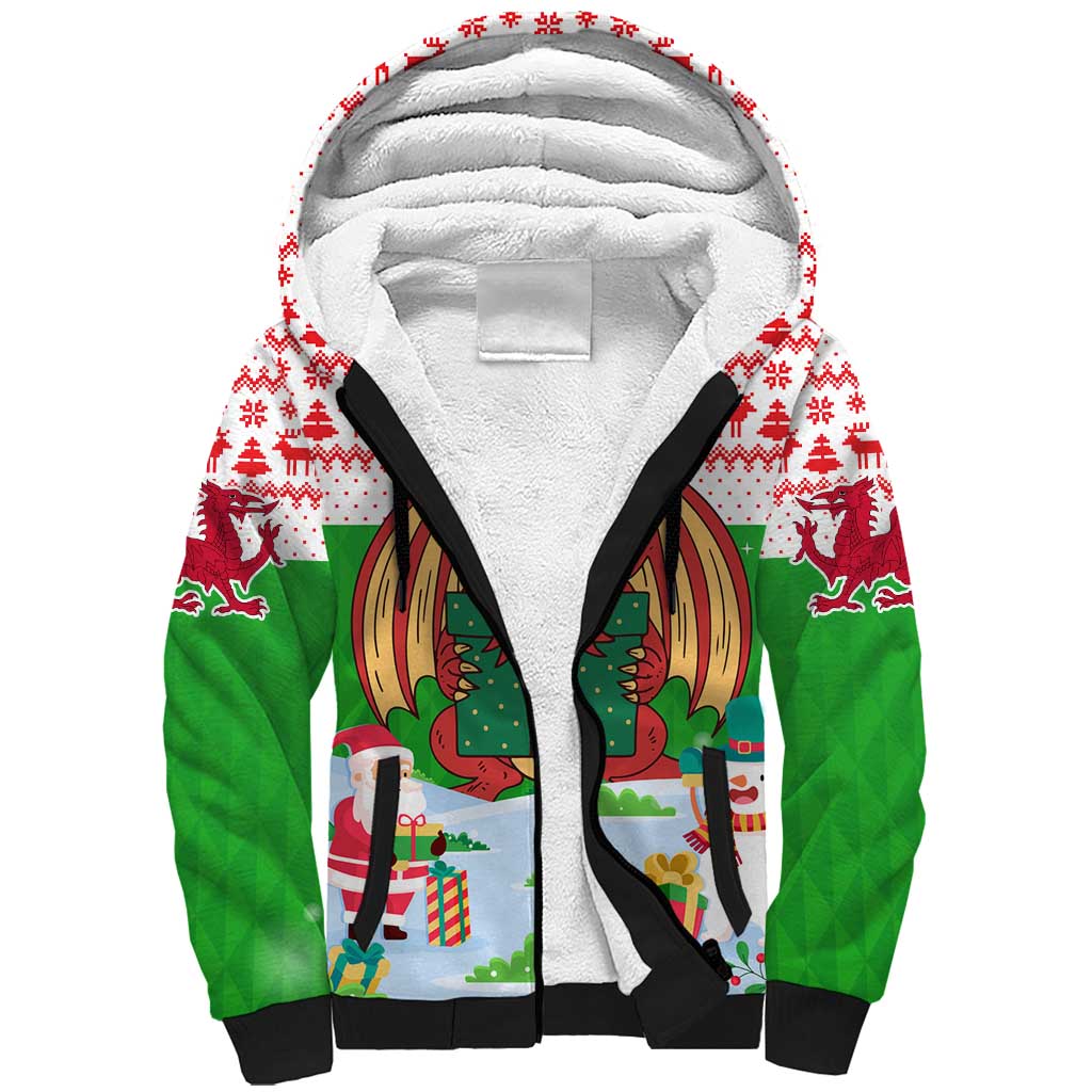 Wales Christmas Sherpa Hoodie with Red Dragon Gift and Holiday Crest Snow Scene - Wonder Print Shop
