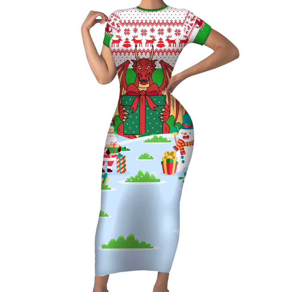 Wales Christmas Short Sleeve Bodycon Dress with Red Dragon Gift and Holiday Crest Snow Scene - Wonder Print Shop