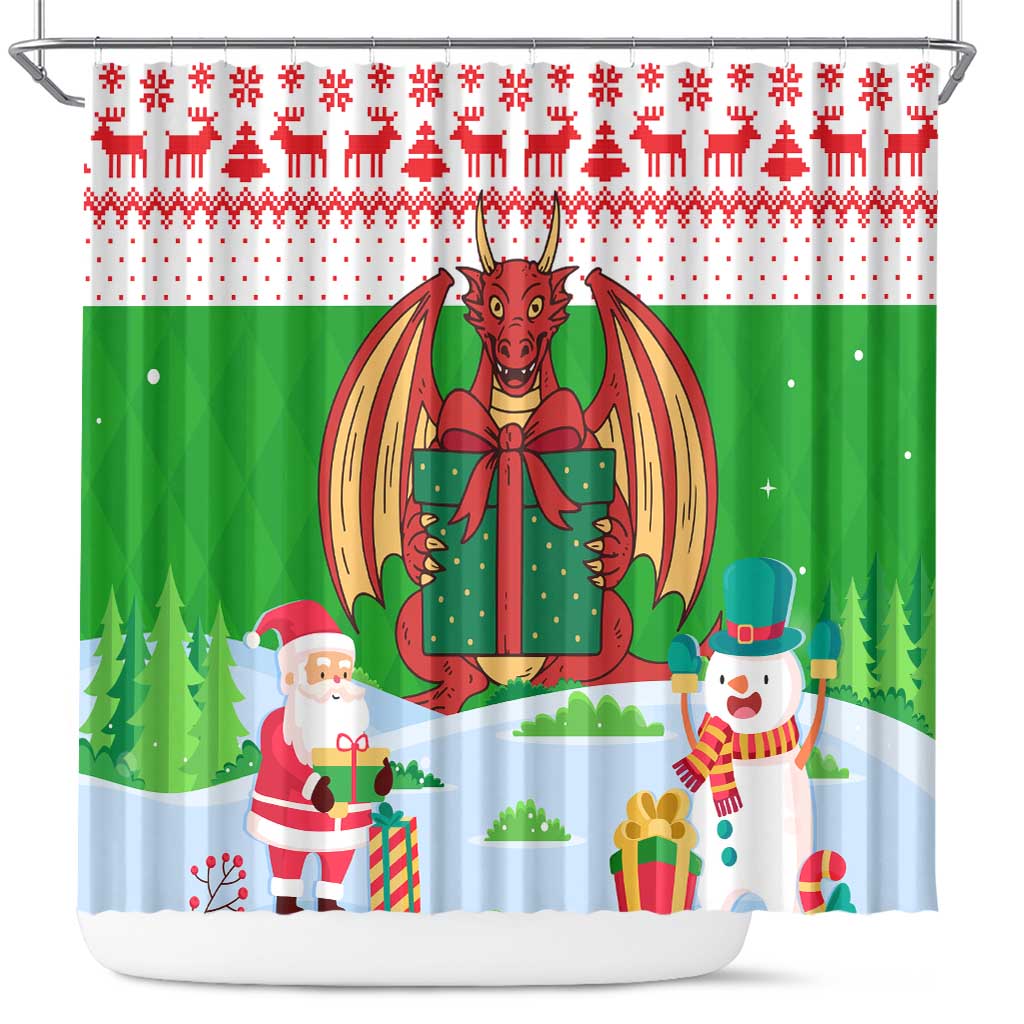 Wales Christmas Shower Curtain with Red Dragon Gift and Holiday Crest Snow Scene - Wonder Print Shop