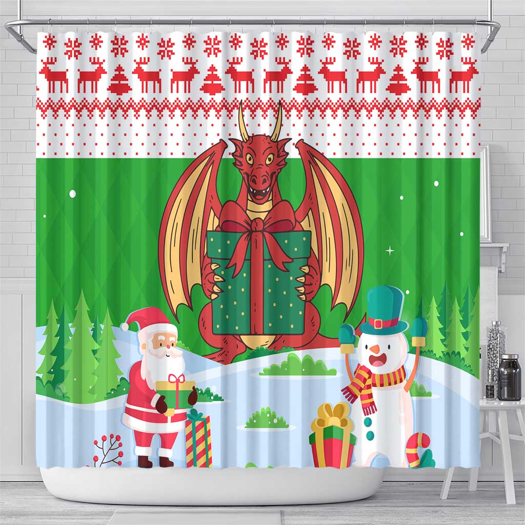Wales Christmas Shower Curtain with Red Dragon Gift and Holiday Crest Snow Scene - Wonder Print Shop