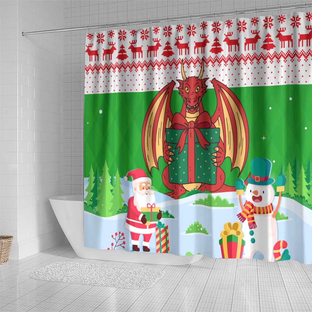 Wales Christmas Shower Curtain with Red Dragon Gift and Holiday Crest Snow Scene - Wonder Print Shop