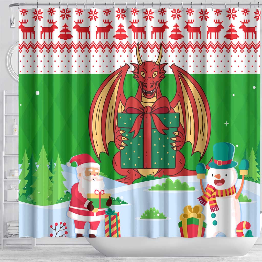 Wales Christmas Shower Curtain with Red Dragon Gift and Holiday Crest Snow Scene - Wonder Print Shop