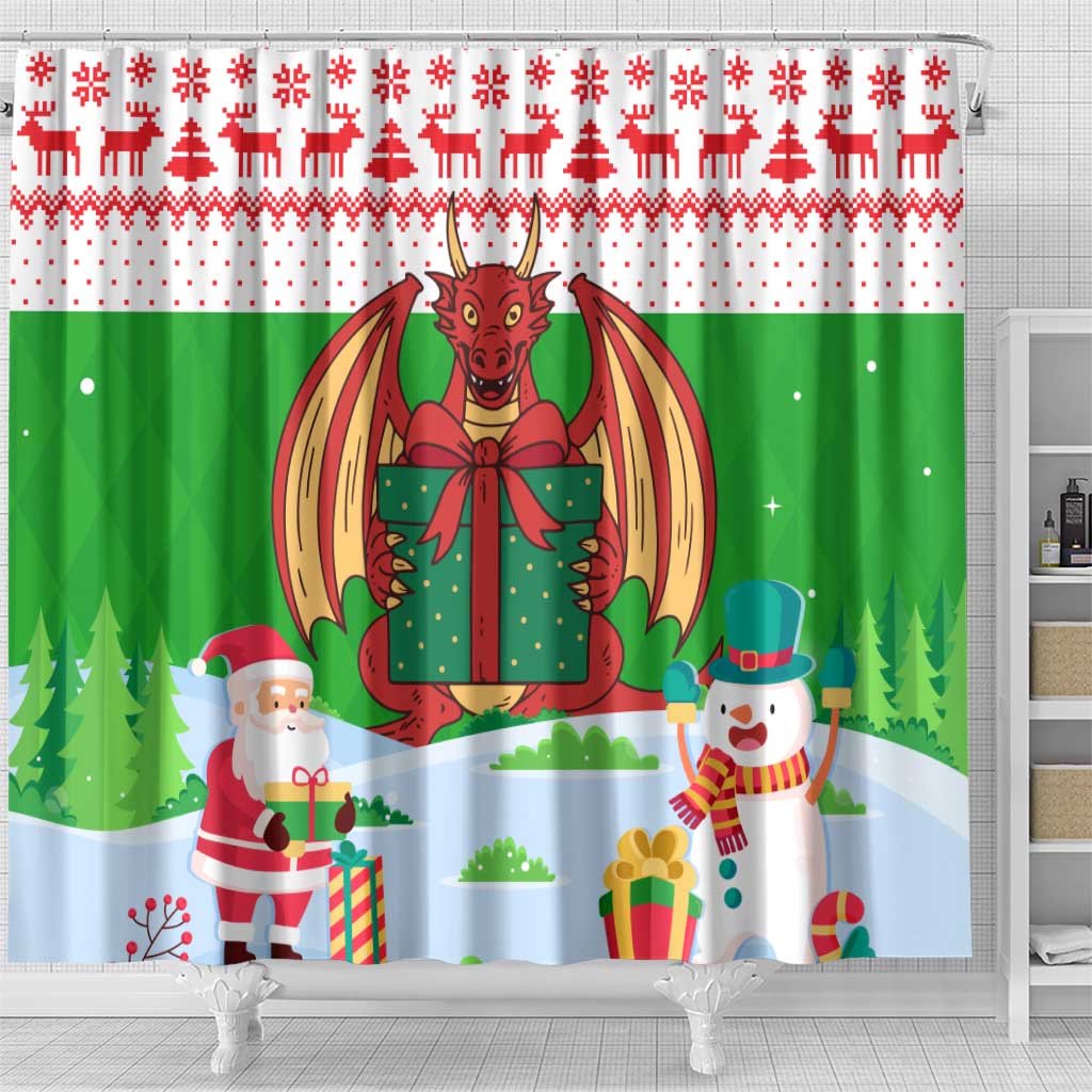 Wales Christmas Shower Curtain with Red Dragon Gift and Holiday Crest Snow Scene - Wonder Print Shop