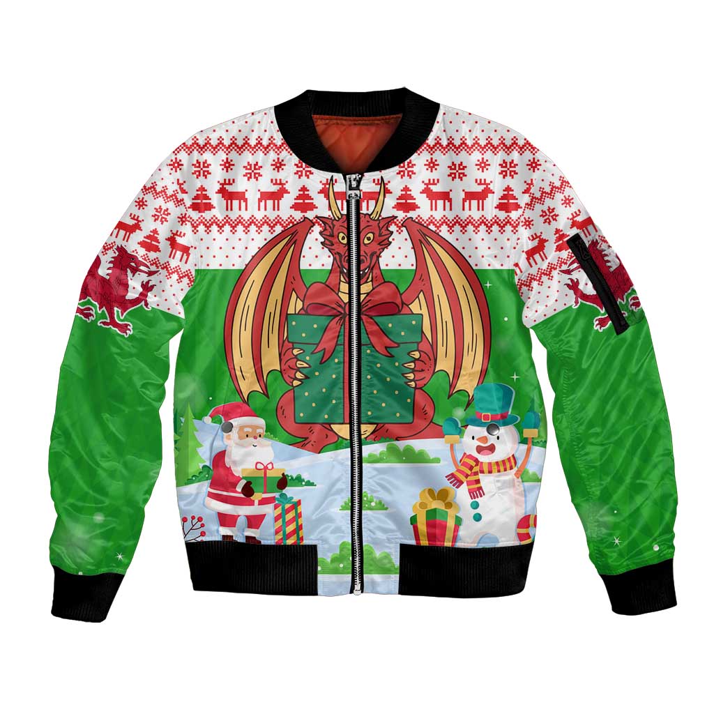 Wales Christmas Sleeve Zip Bomber Jacket with Red Dragon Gift and Holiday Crest Snow Scene - Wonder Print Shop