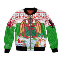 Wales Christmas Sleeve Zip Bomber Jacket with Red Dragon Gift and Holiday Crest Snow Scene - Wonder Print Shop