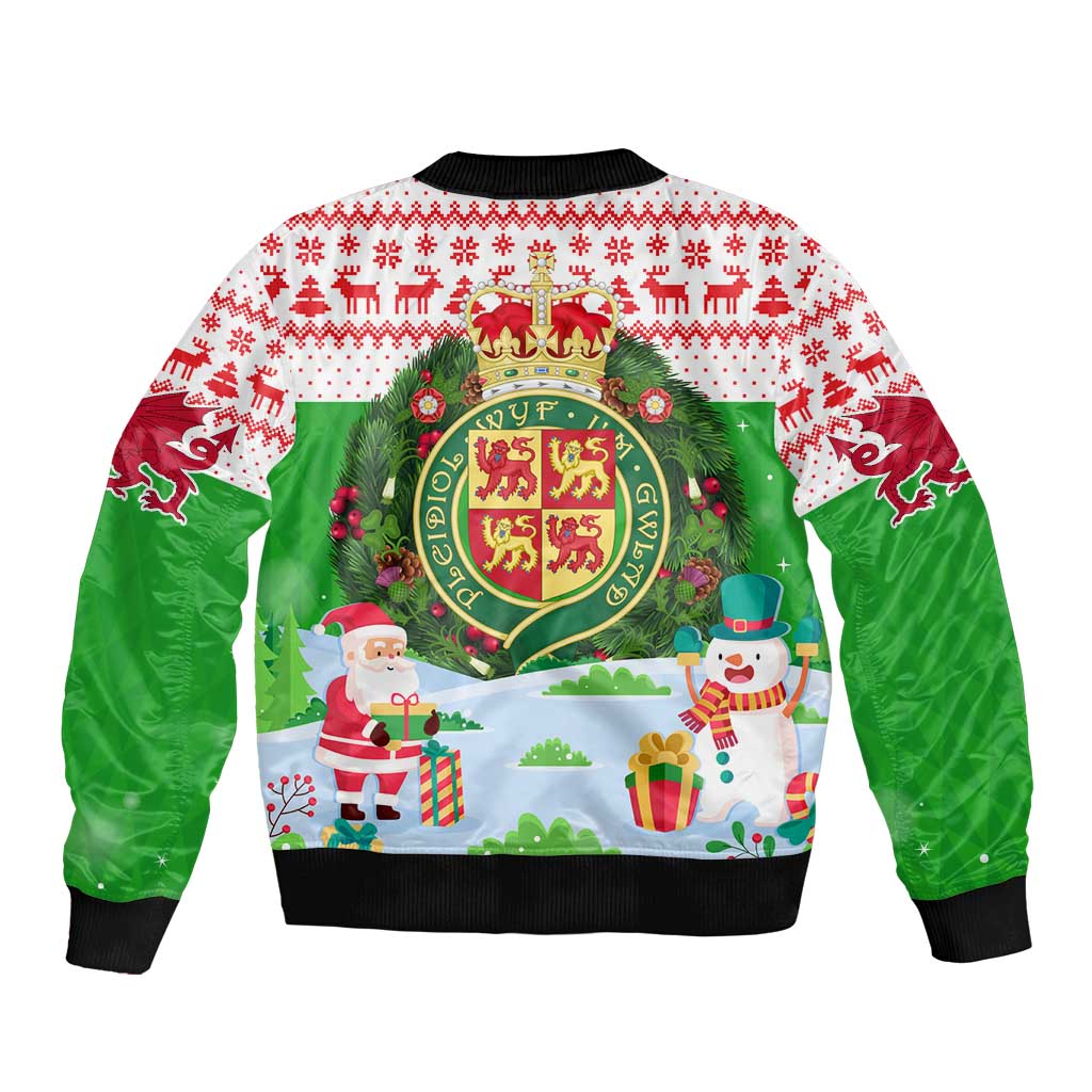 Wales Christmas Sleeve Zip Bomber Jacket with Red Dragon Gift and Holiday Crest Snow Scene - Wonder Print Shop