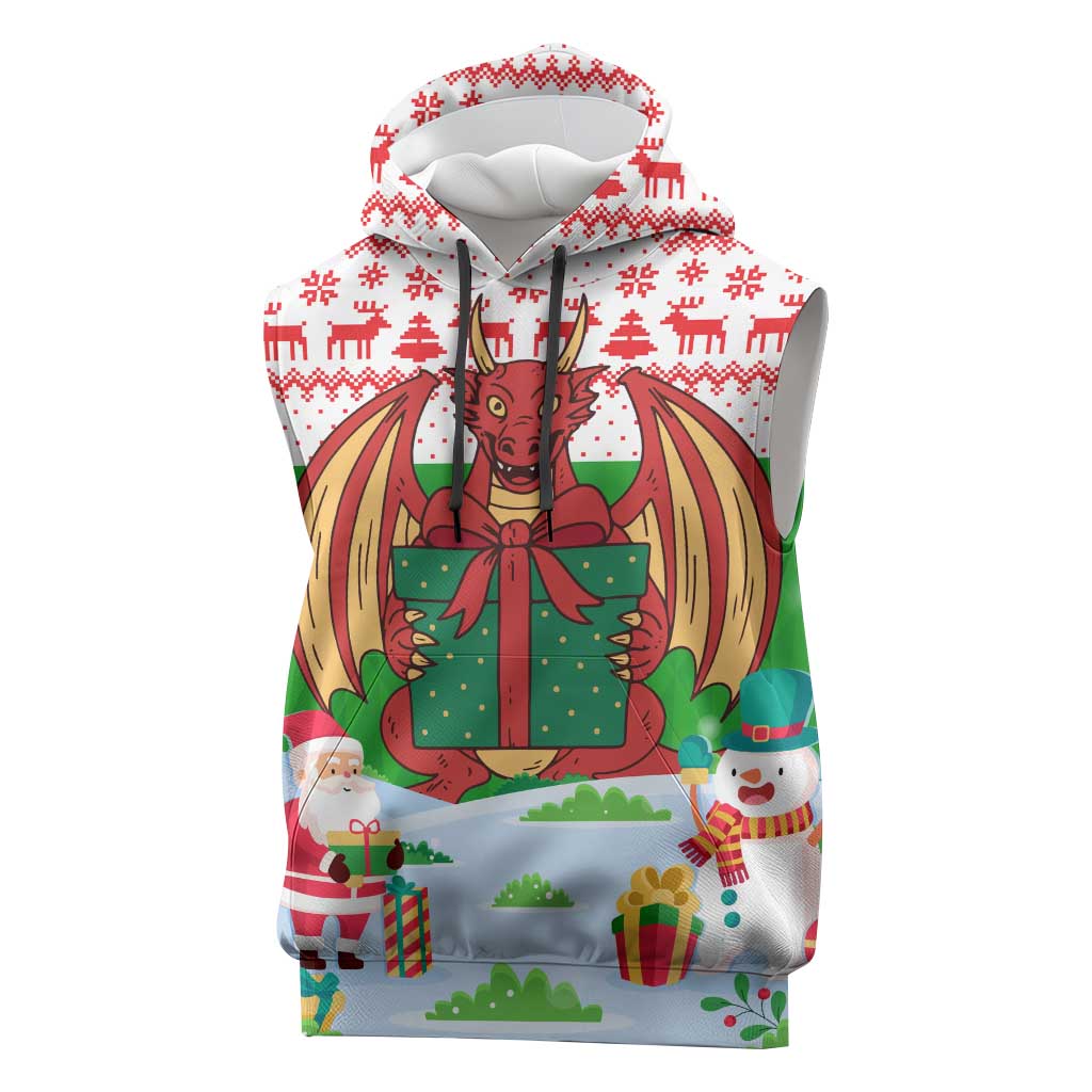 Wales Christmas Sleeveless Hoodie with Red Dragon Gift and Holiday Crest Snow Scene - Wonder Print Shop