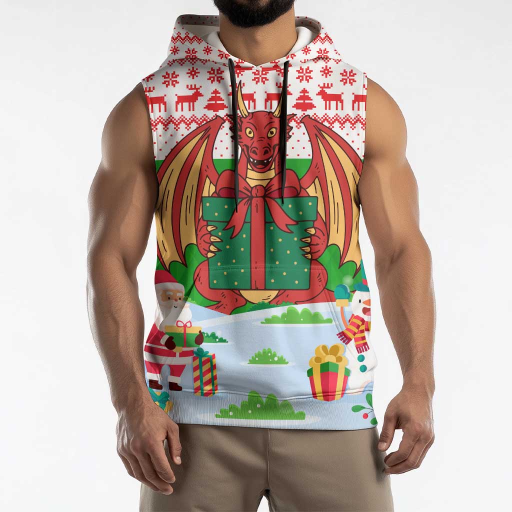 Wales Christmas Sleeveless Hoodie with Red Dragon Gift and Holiday Crest Snow Scene - Wonder Print Shop