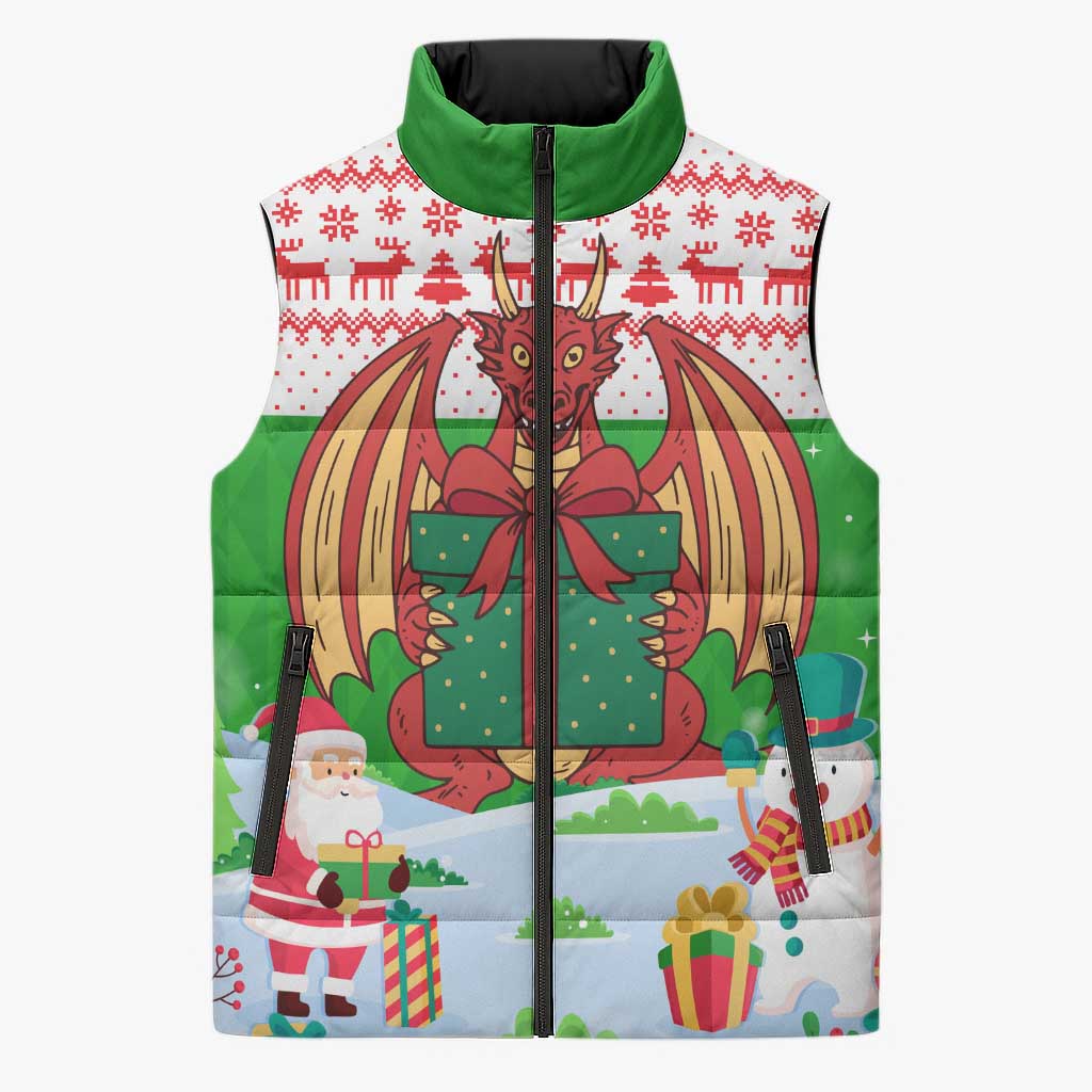Wales Christmas Sleeveless Puffer Jacket with Red Dragon Gift and Holiday Crest Snow Scene - Wonder Print Shop