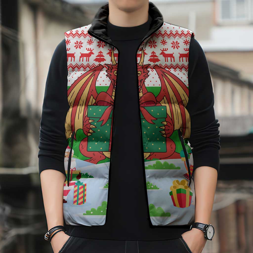 Wales Christmas Sleeveless Puffer Jacket with Red Dragon Gift and Holiday Crest Snow Scene - Wonder Print Shop