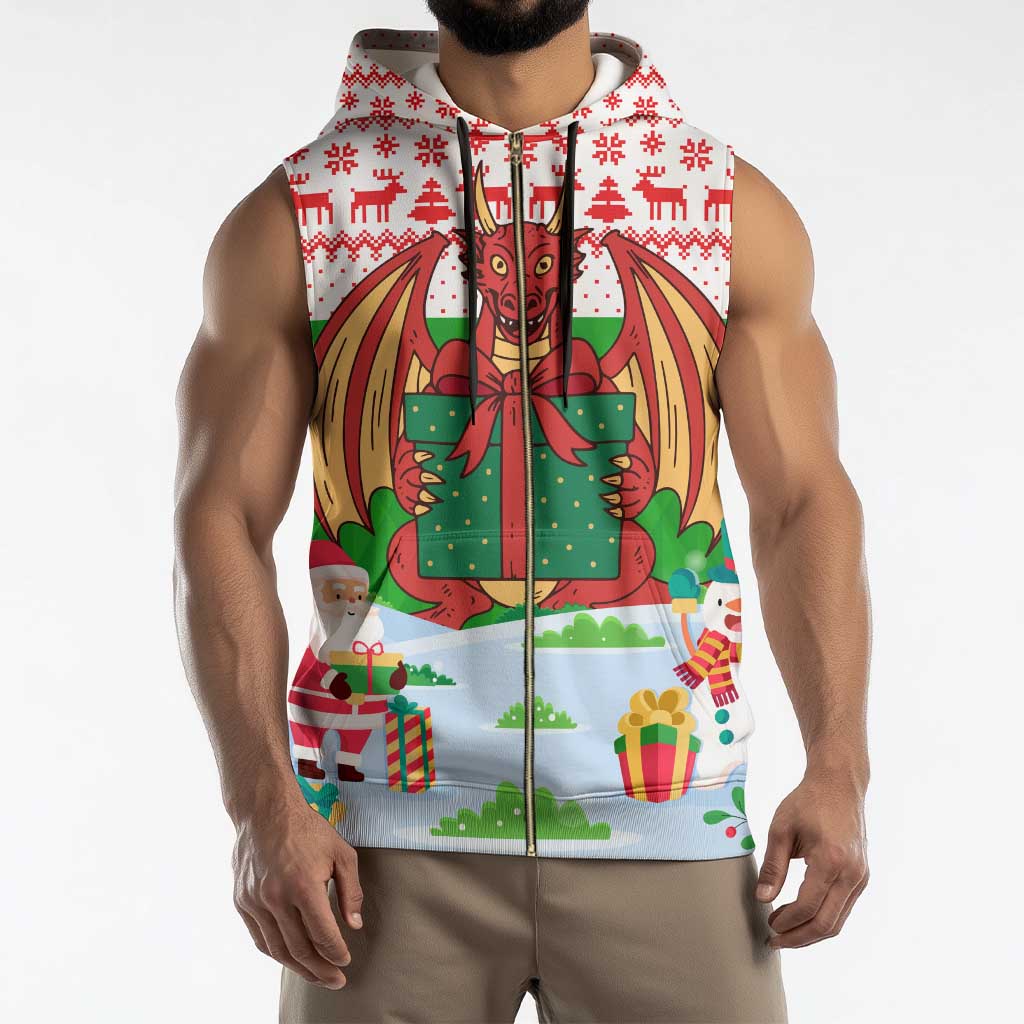 Wales Christmas Sleeveless Zip Hoodie with Red Dragon Gift and Holiday Crest Snow Scene - Wonder Print Shop