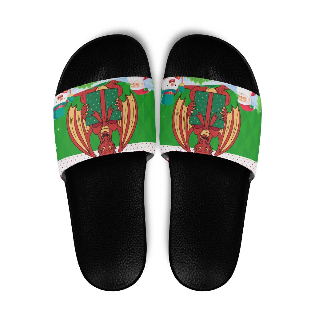 Wales Christmas Slide Sandals with Red Dragon Gift and Holiday Crest Snow Scene - Wonder Print Shop
