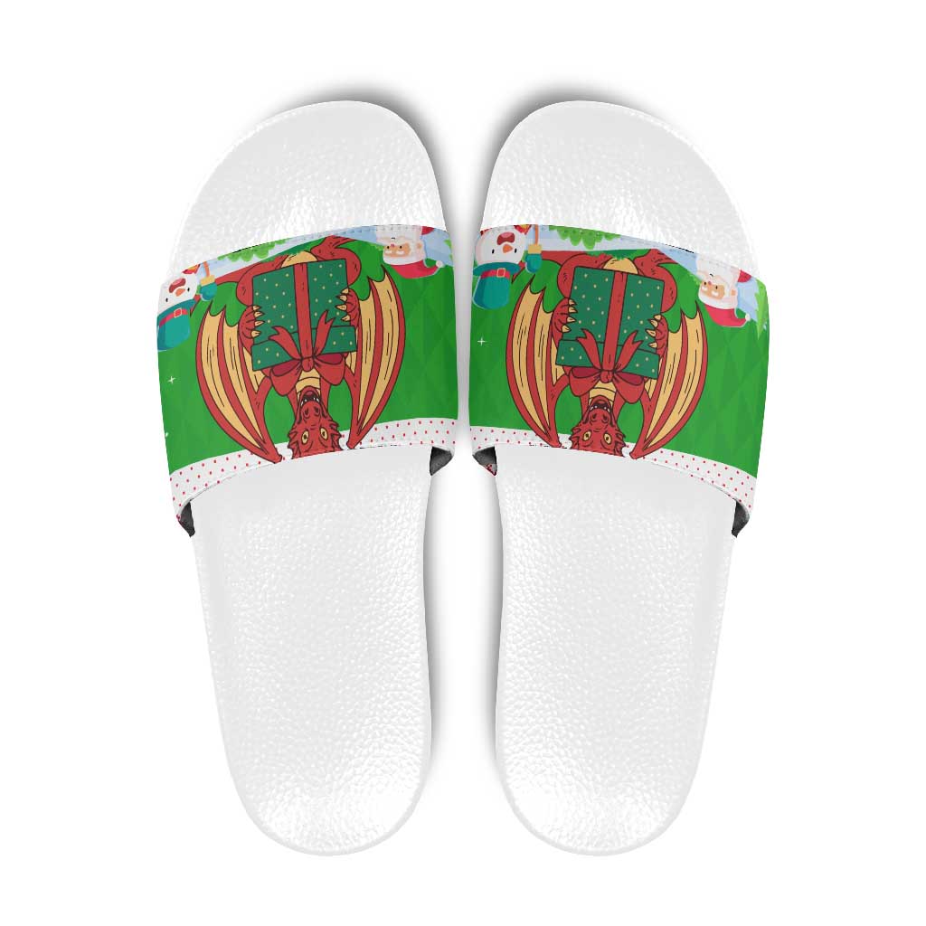 Wales Christmas Slide Sandals with Red Dragon Gift and Holiday Crest Snow Scene - Wonder Print Shop