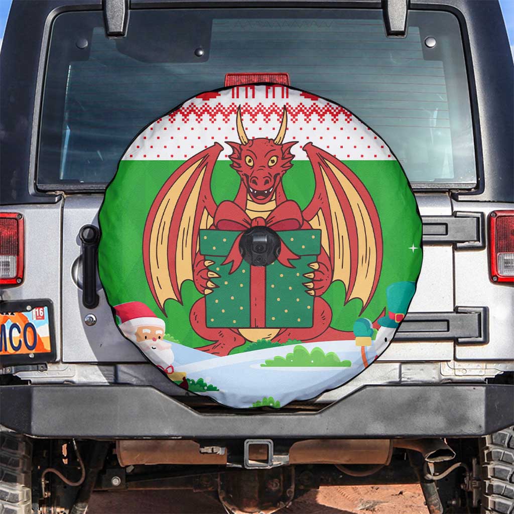 Wales Christmas Spare Tire Cover with Red Dragon Gift and Holiday Crest Snow Scene - Wonder Print Shop
