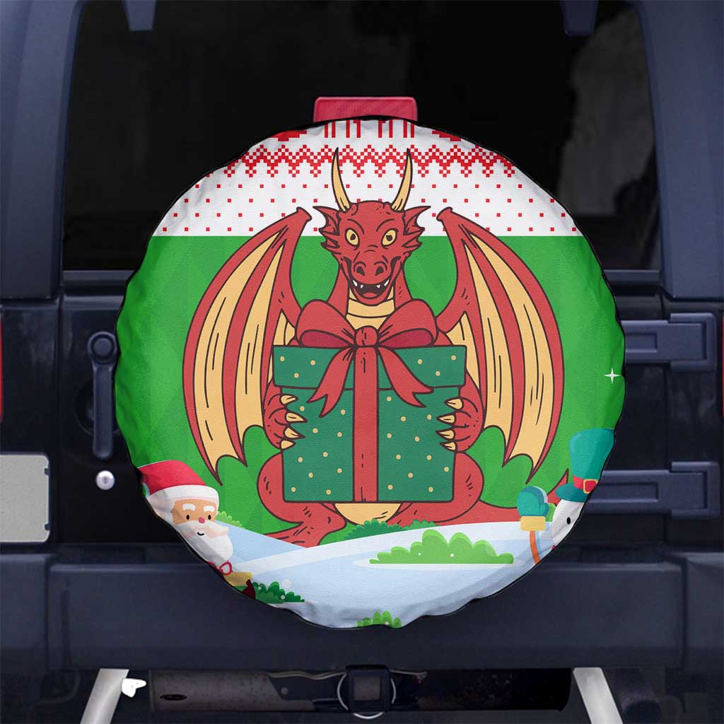 Wales Christmas Spare Tire Cover with Red Dragon Gift and Holiday Crest Snow Scene - Wonder Print Shop