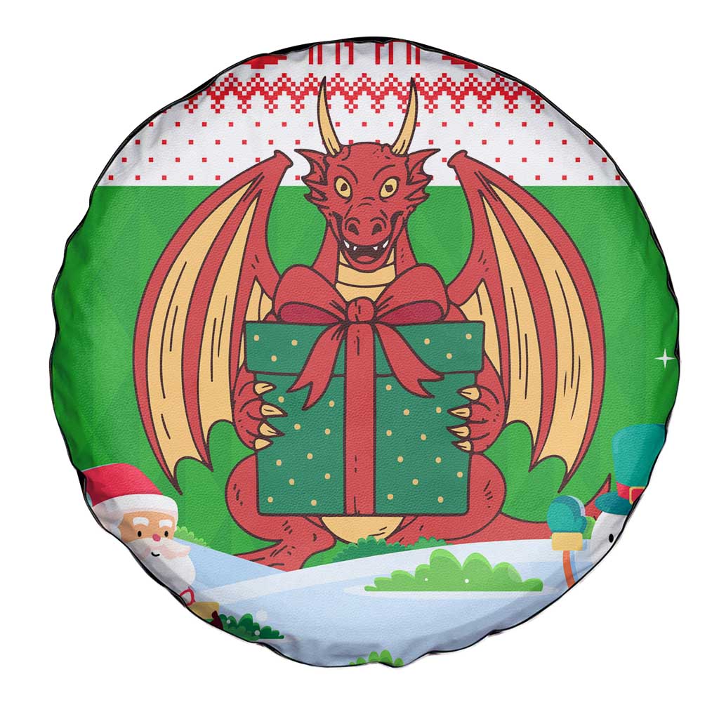 Wales Christmas Spare Tire Cover with Red Dragon Gift and Holiday Crest Snow Scene - Wonder Print Shop