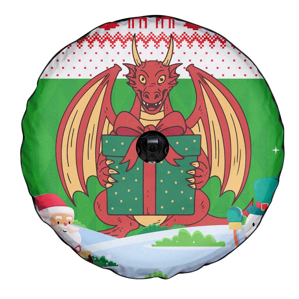 Wales Christmas Spare Tire Cover with Red Dragon Gift and Holiday Crest Snow Scene - Wonder Print Shop