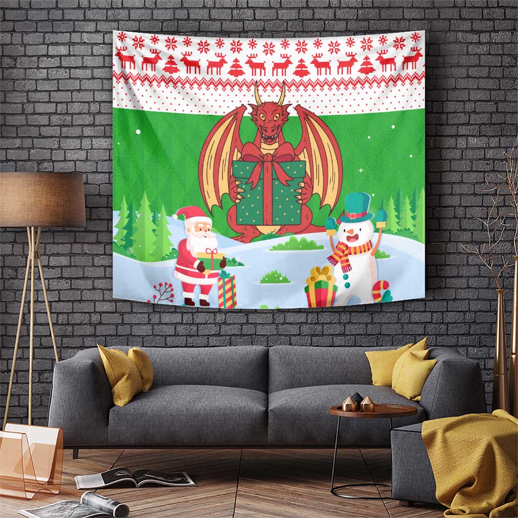 Wales Christmas Tapestry with Red Dragon Gift and Holiday Crest Snow Scene - Wonder Print Shop