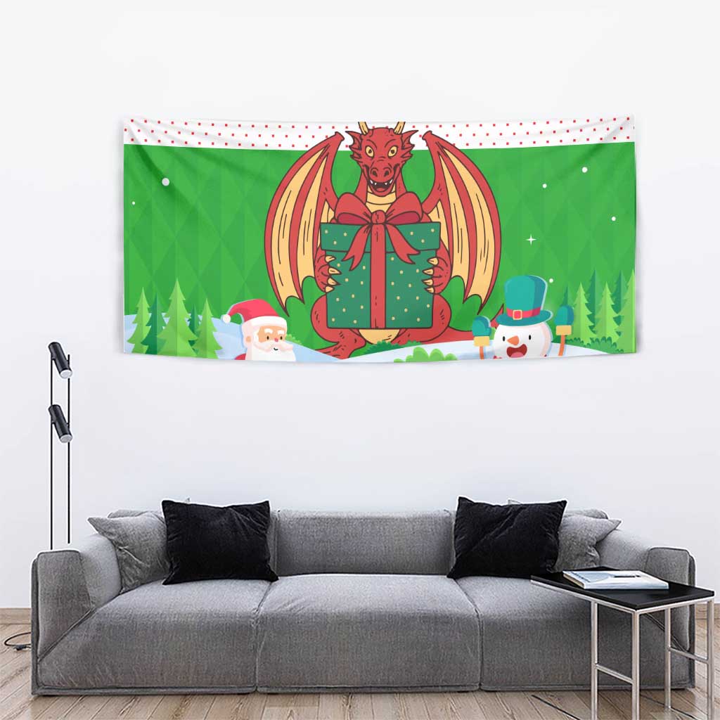 Wales Christmas Tapestry with Red Dragon Gift and Holiday Crest Snow Scene - Wonder Print Shop