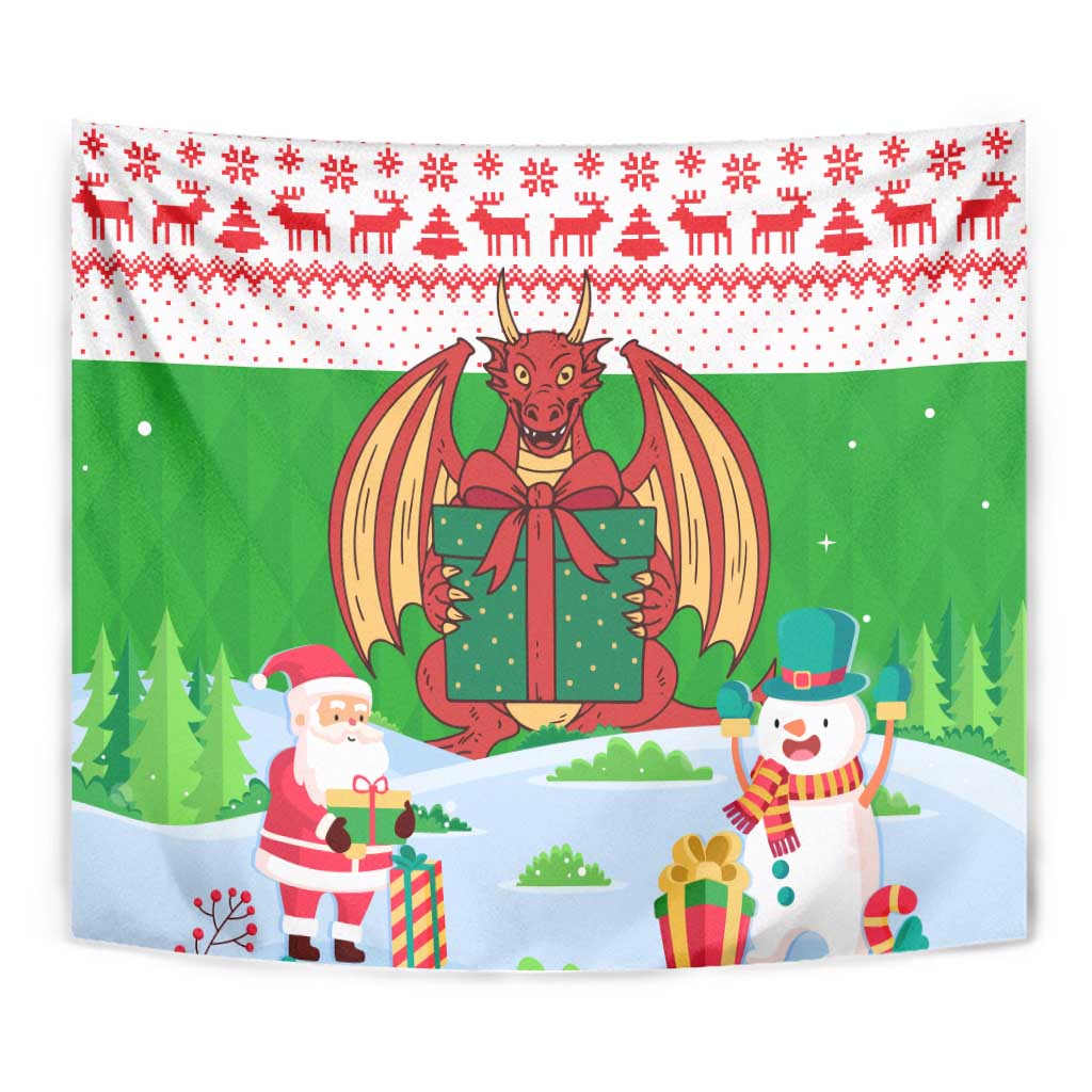 Wales Christmas Tapestry with Red Dragon Gift and Holiday Crest Snow Scene - Wonder Print Shop