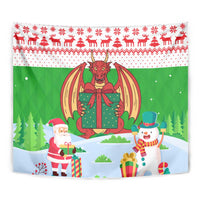 Wales Christmas Tapestry with Red Dragon Gift and Holiday Crest Snow Scene - Wonder Print Shop