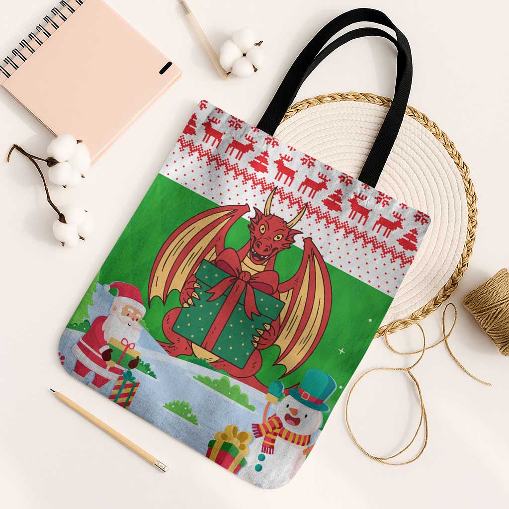 Wales Christmas Tote Bag with Red Dragon Gift and Holiday Crest Snow Scene - Wonder Print Shop