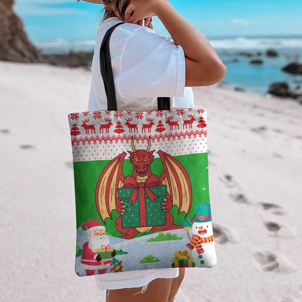 Wales Christmas Tote Bag with Red Dragon Gift and Holiday Crest Snow Scene - Wonder Print Shop