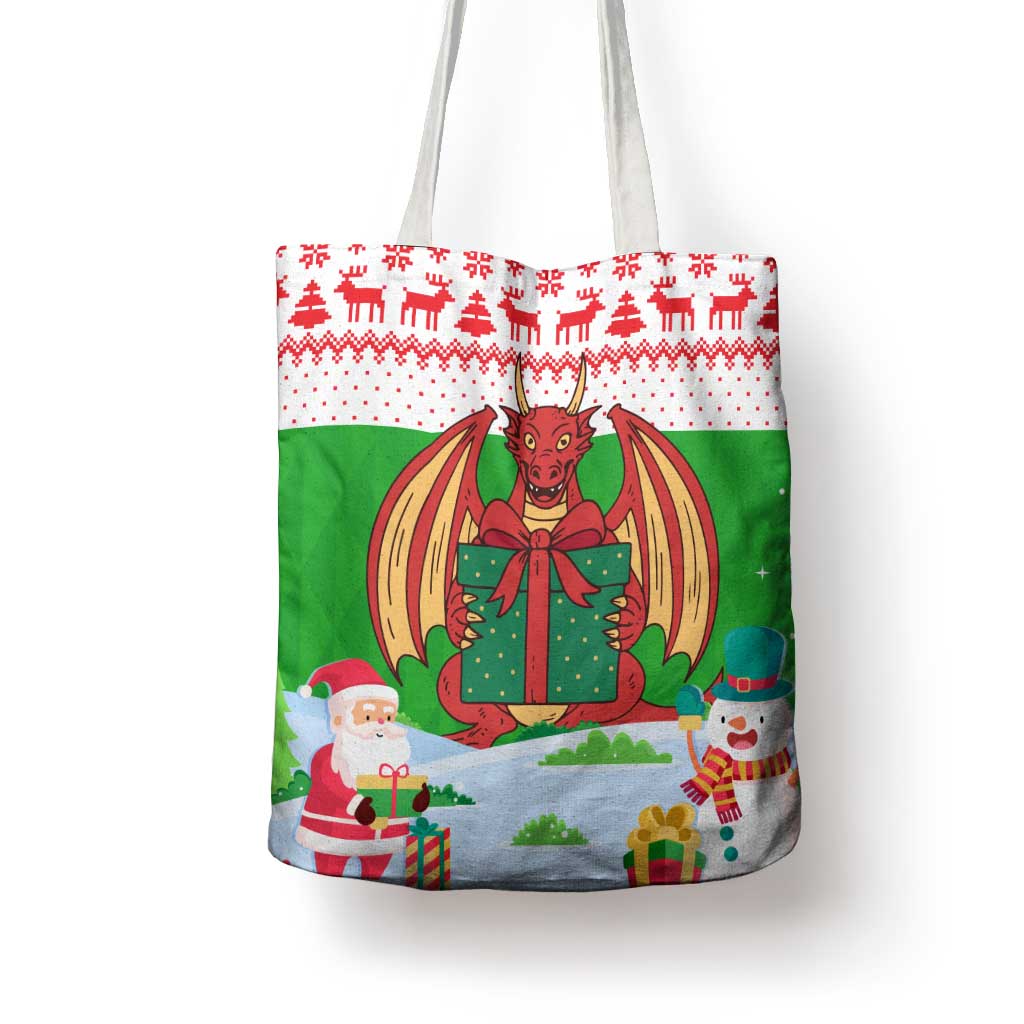 Wales Christmas Tote Bag with Red Dragon Gift and Holiday Crest Snow Scene - Wonder Print Shop