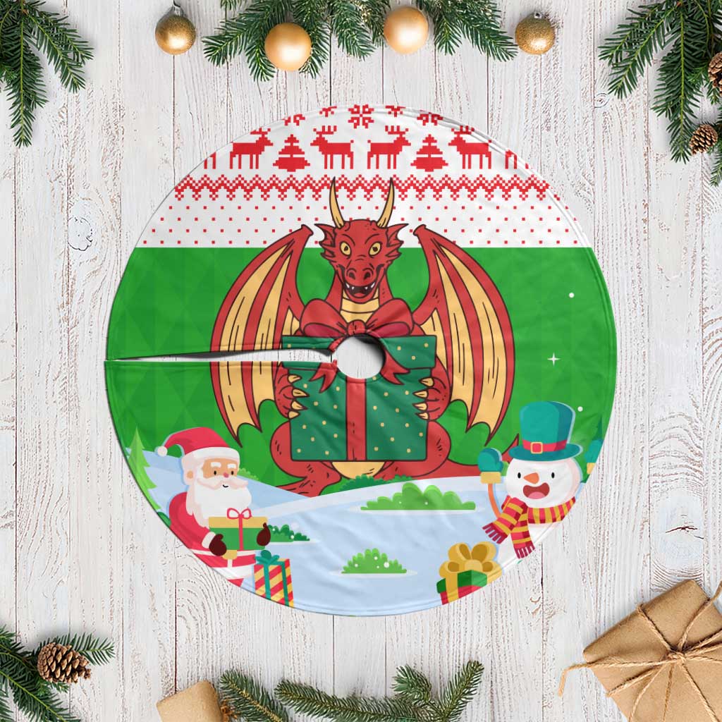 Wales Christmas Tree Skirt with Red Dragon Gift and Holiday Crest Snow Scene - Wonder Print Shop