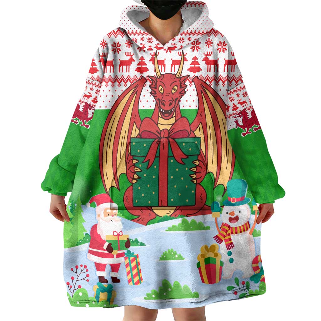 Wales Christmas Wearable Blanket Hoodie with Red Dragon Gift and Holiday Crest Snow Scene - Wonder Print Shop