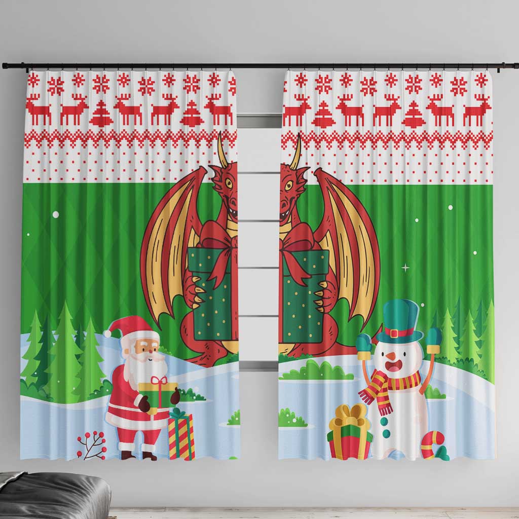 Wales Christmas Window Curtain with Red Dragon Gift and Holiday Crest Snow Scene - Wonder Print Shop