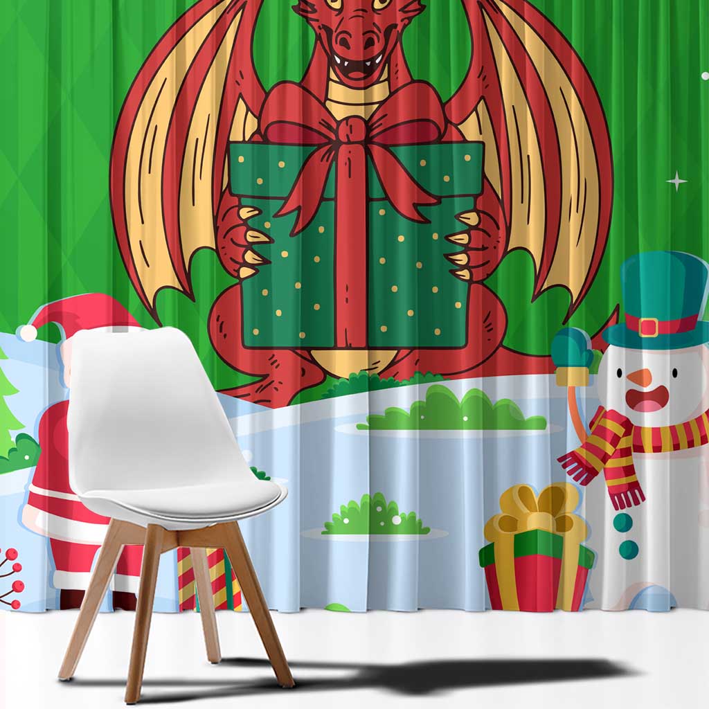 Wales Christmas Window Curtain with Red Dragon Gift and Holiday Crest Snow Scene - Wonder Print Shop