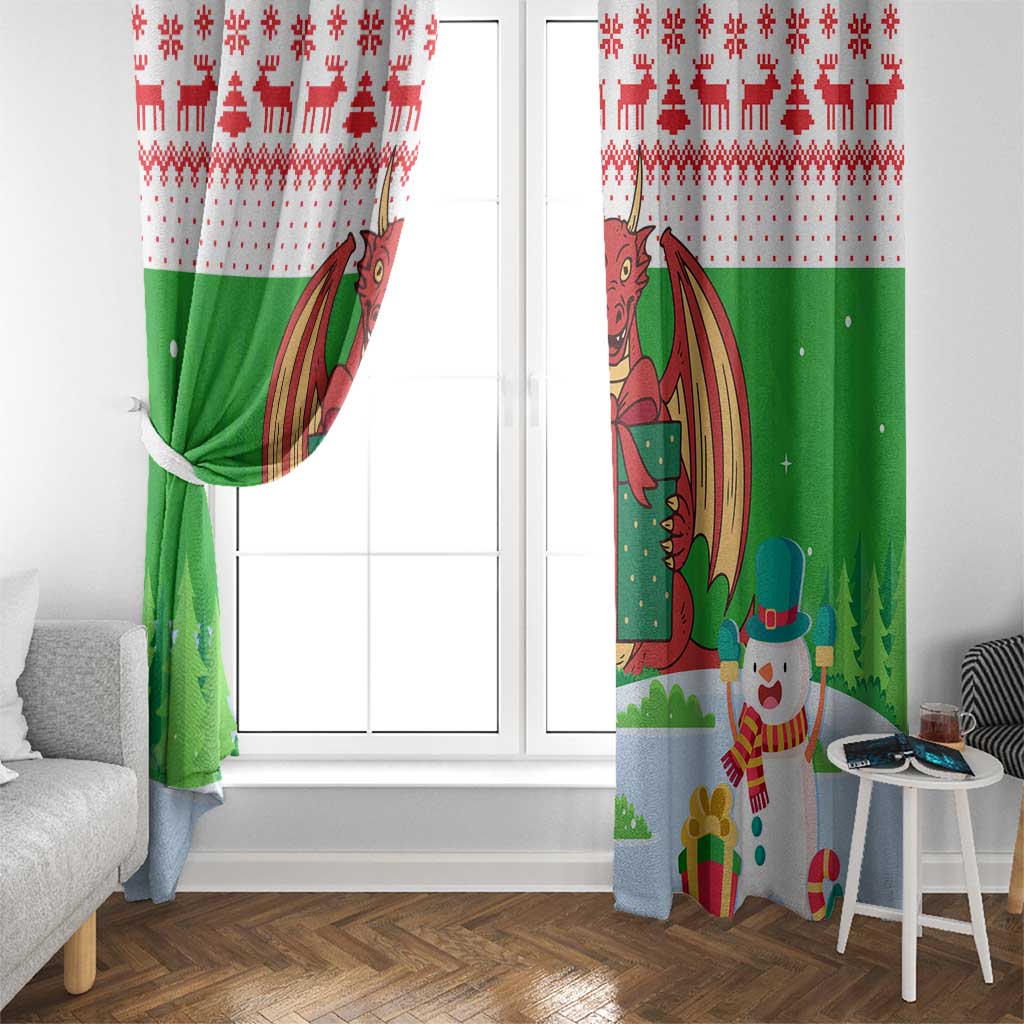 Wales Christmas Window Curtain with Red Dragon Gift and Holiday Crest Snow Scene - Wonder Print Shop
