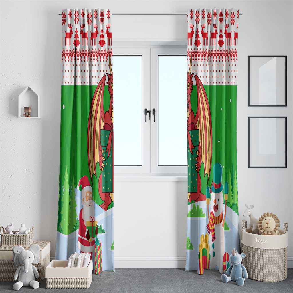 Wales Christmas Window Curtain with Red Dragon Gift and Holiday Crest Snow Scene - Wonder Print Shop