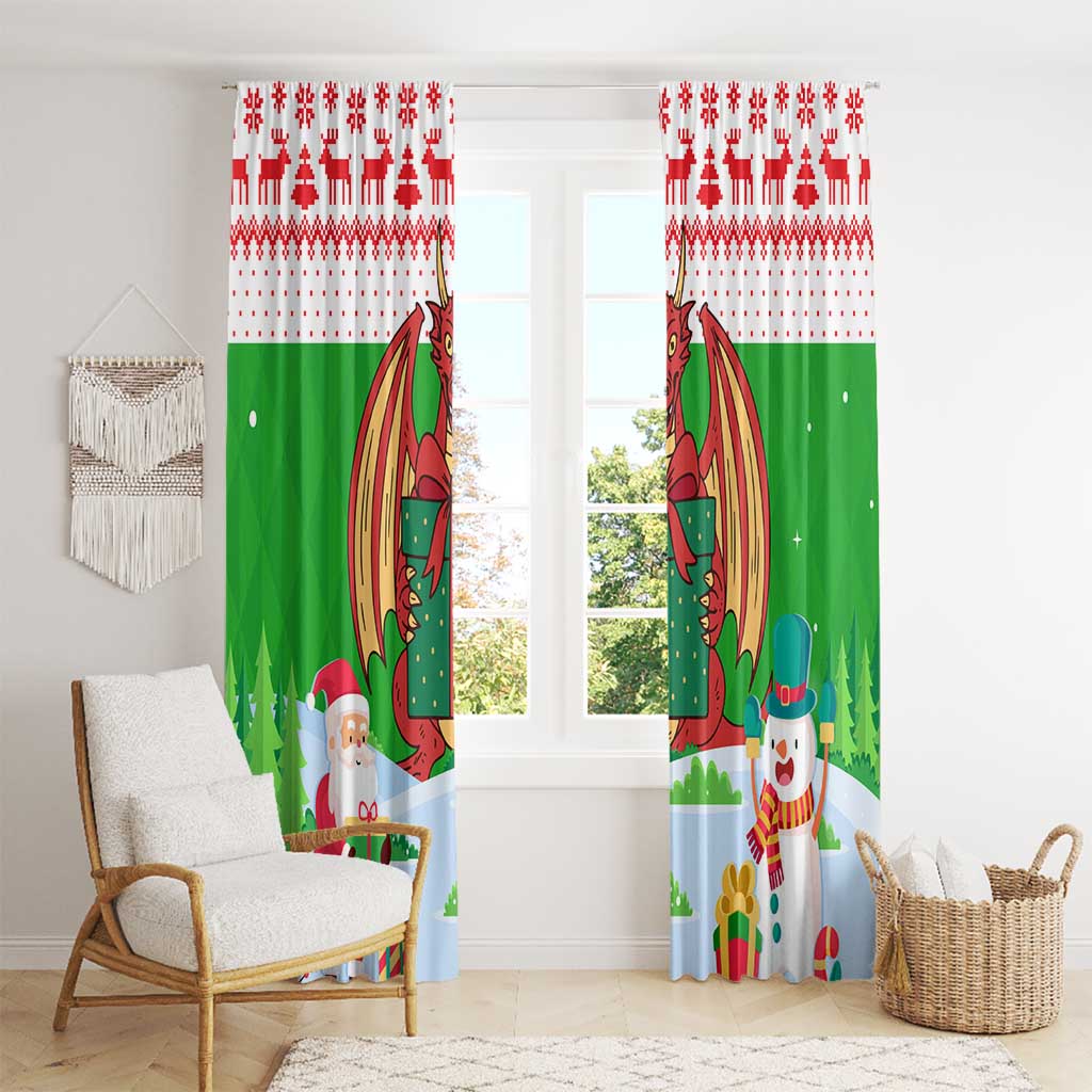 Wales Christmas Window Curtain with Red Dragon Gift and Holiday Crest Snow Scene - Wonder Print Shop