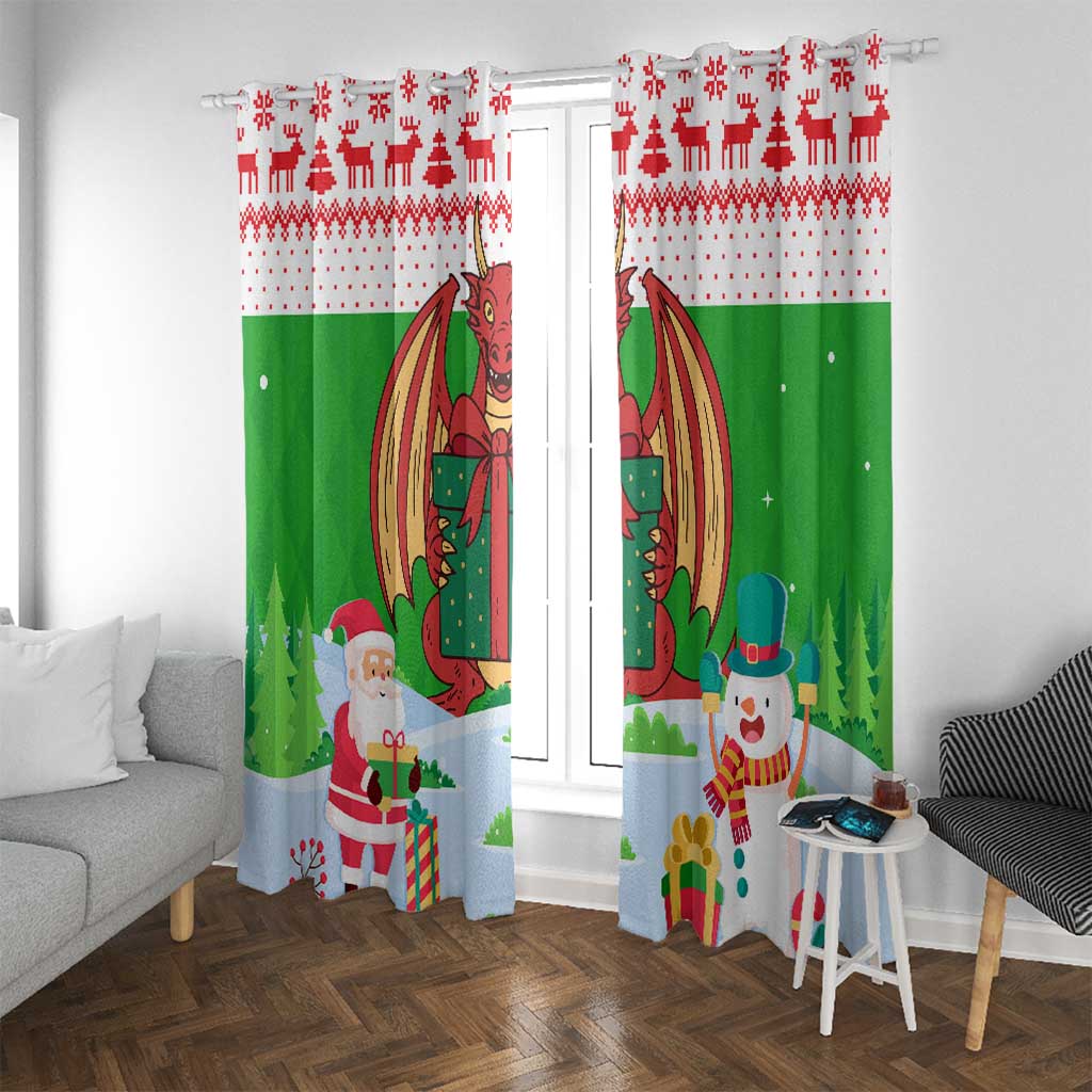 Wales Christmas Window Curtain with Red Dragon Gift and Holiday Crest Snow Scene - Wonder Print Shop