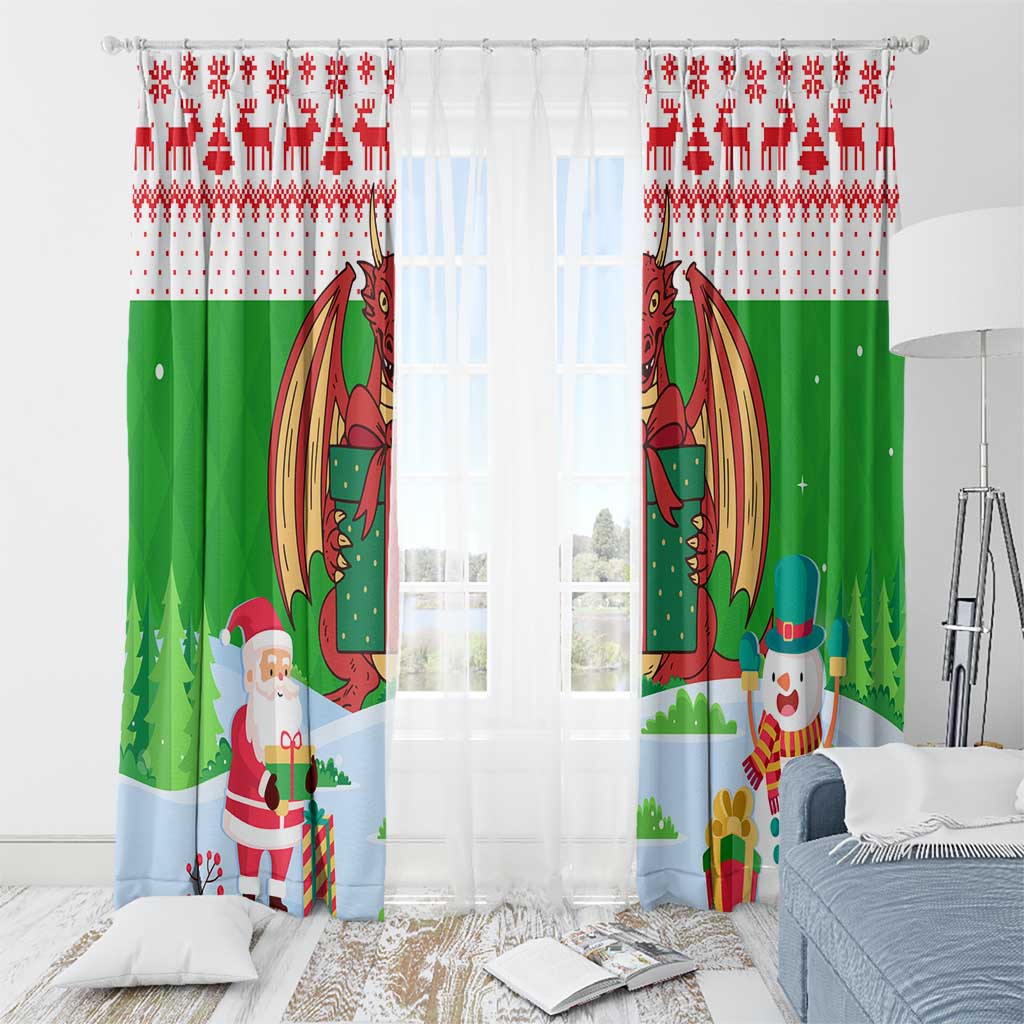 Wales Christmas Window Curtain with Red Dragon Gift and Holiday Crest Snow Scene - Wonder Print Shop