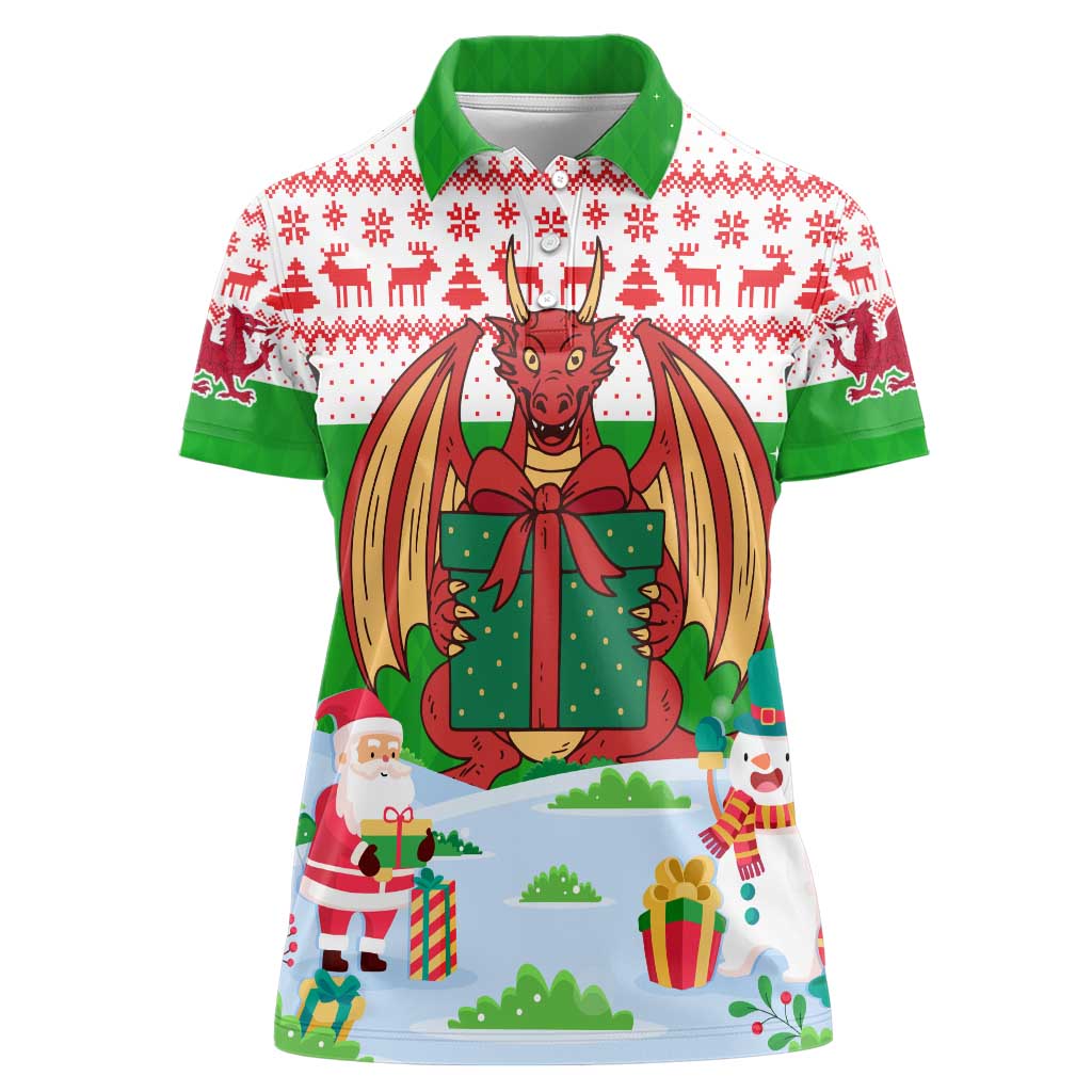 Wales Christmas Women Polo Shirt with Red Dragon Gift and Holiday Crest Snow Scene - Wonder Print Shop