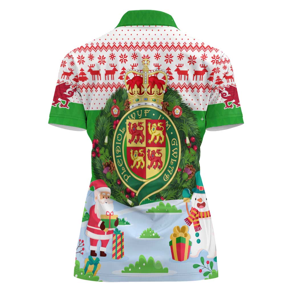 Wales Christmas Women Polo Shirt with Red Dragon Gift and Holiday Crest Snow Scene - Wonder Print Shop