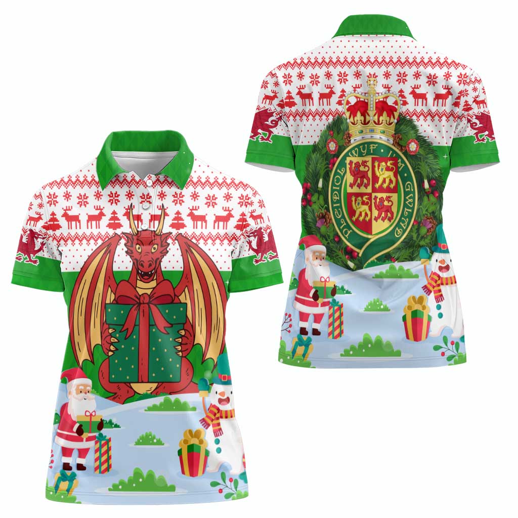 Wales Christmas Women Polo Shirt with Red Dragon Gift and Holiday Crest Snow Scene - Wonder Print Shop