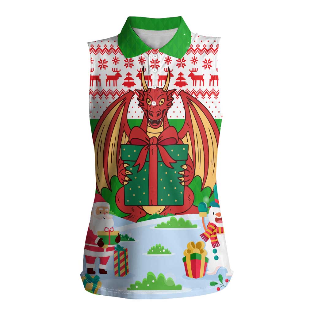 Wales Christmas Women Sleeveless Polo Shirt with Red Dragon Gift and Holiday Crest Snow Scene - Wonder Print Shop