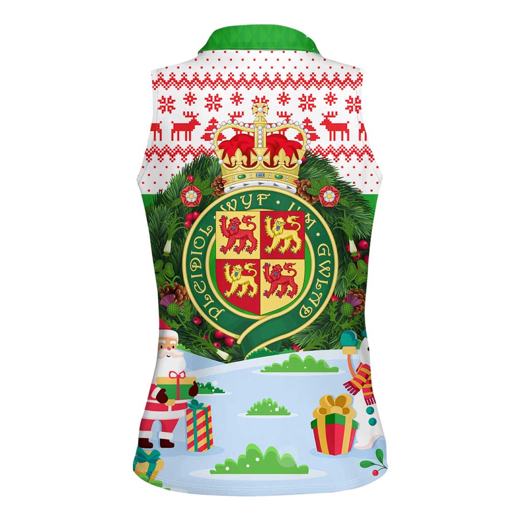 Wales Christmas Women Sleeveless Polo Shirt with Red Dragon Gift and Holiday Crest Snow Scene - Wonder Print Shop
