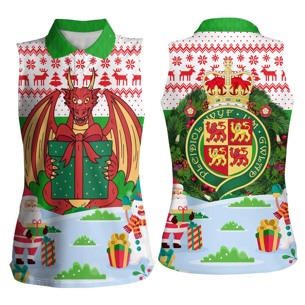 Wales Christmas Women Sleeveless Polo Shirt with Red Dragon Gift and Holiday Crest Snow Scene - Wonder Print Shop